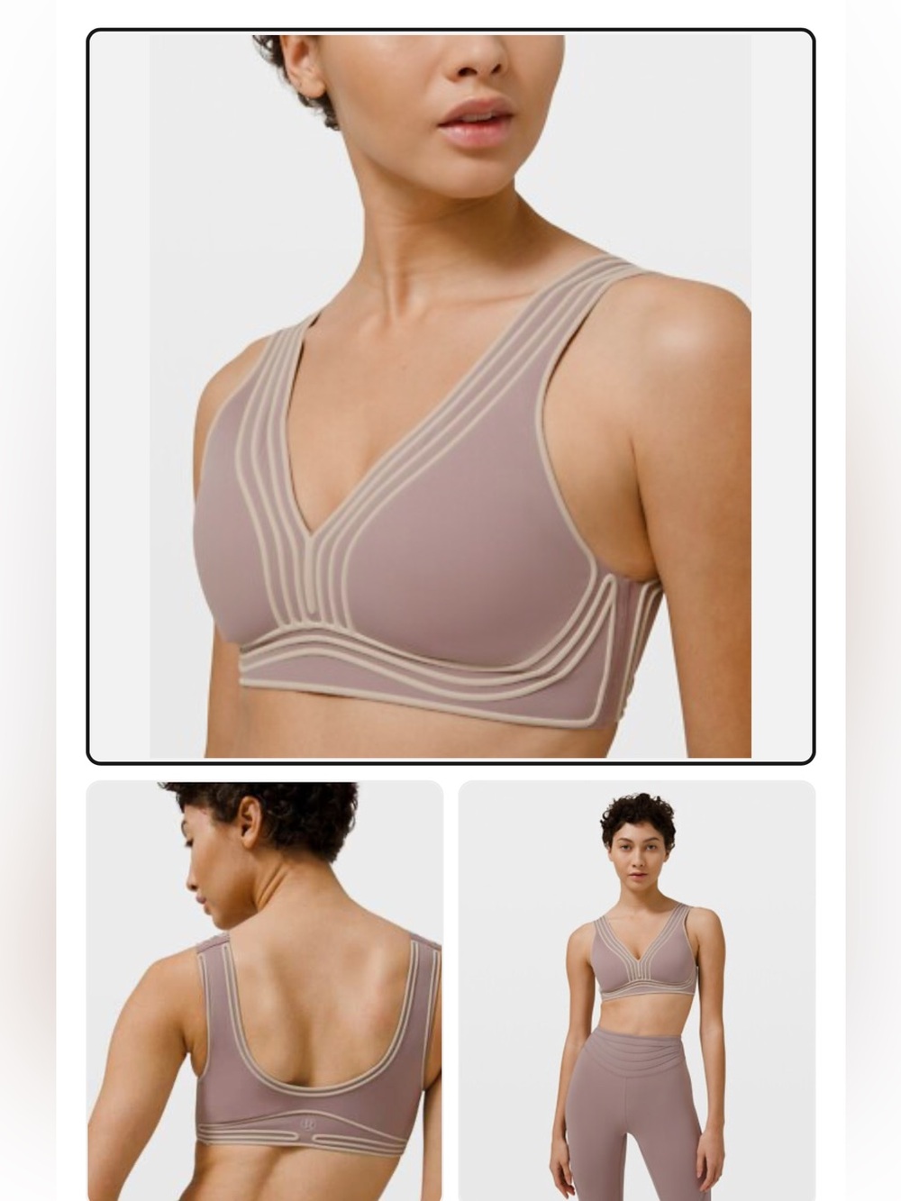 lululemon athletica Mauve-Taupe V-Neck Wireless Sports Bra with Cream Trim